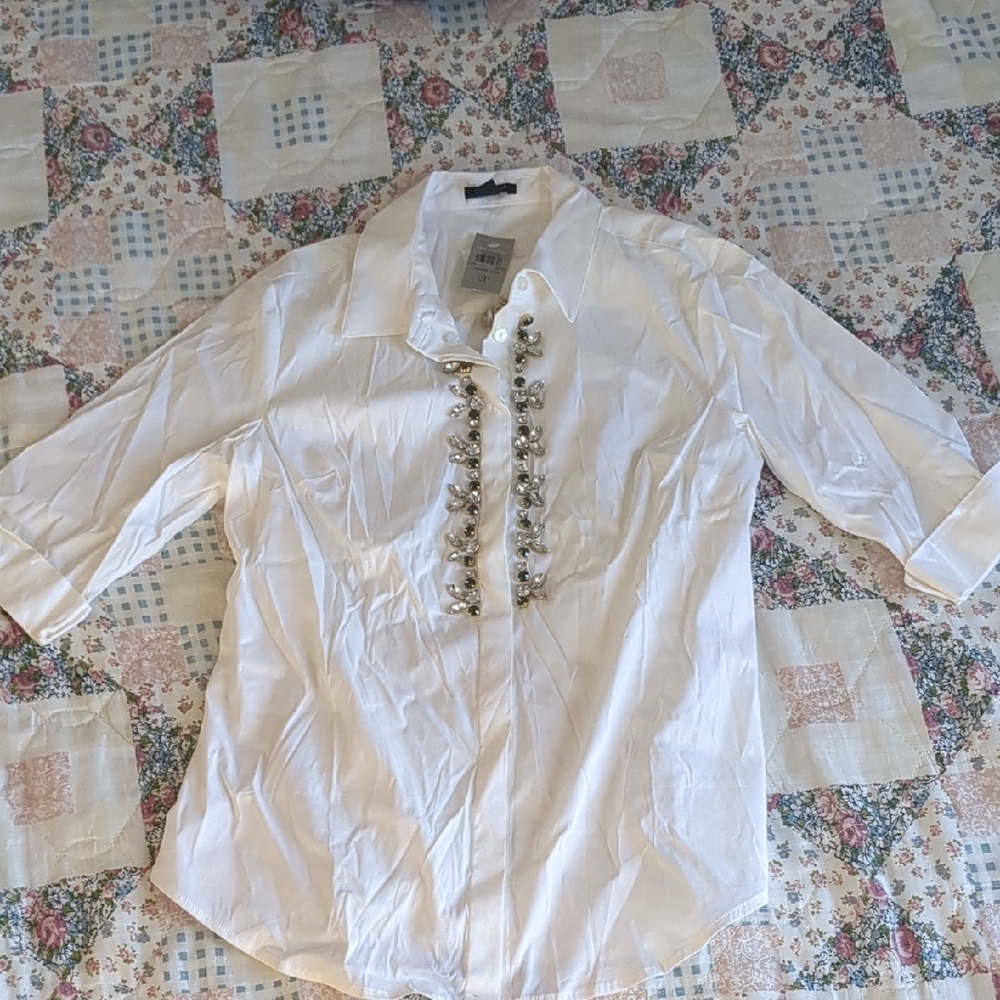 White Button-Up Shirt with Embellishments
